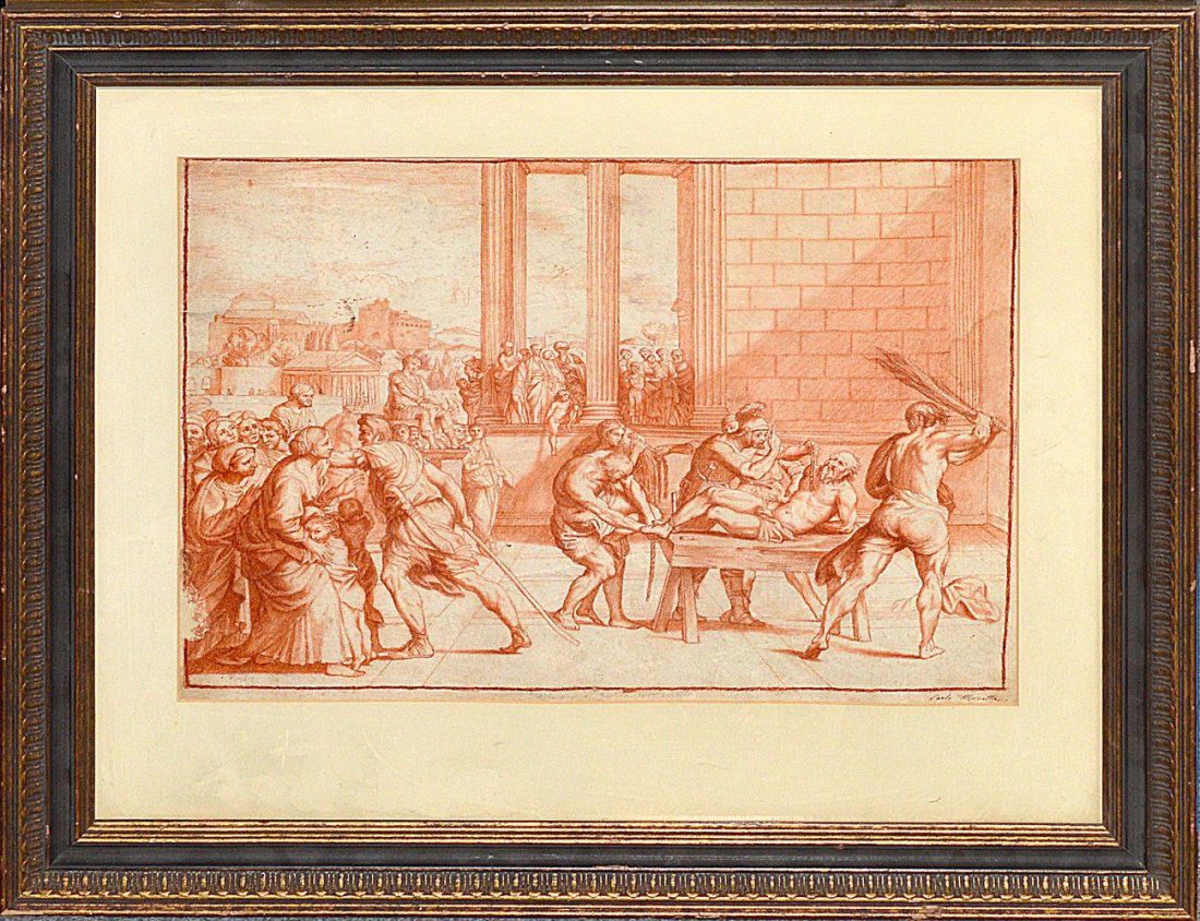 After Carlo Maratta - Martyr Scene: Neo-classical scene depicting Roman soldiers binding a bearded while man while citizens look on. Inscribed " di Regino . . Carlo Maratta " in bottom margin. Image: 13" x 18". Frame: 22" x 26 1/4". Ton