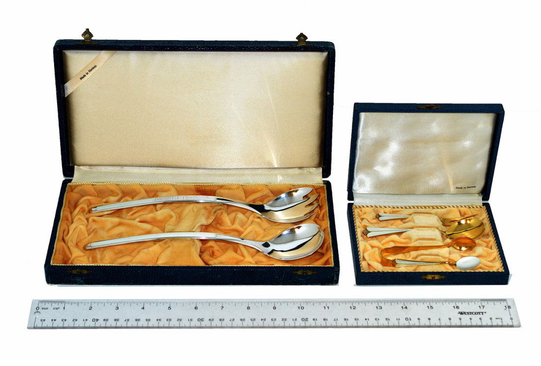 Modern Sterling & Enamel Serving Articles: A set of 3 Norwegian vermeil and white guilloche enamel utensils comprising of an hors d'oeuvres fork, tea spoon, and sugar tongs. Accompanied by a Norwegian salad fork and spoon set with white enamel