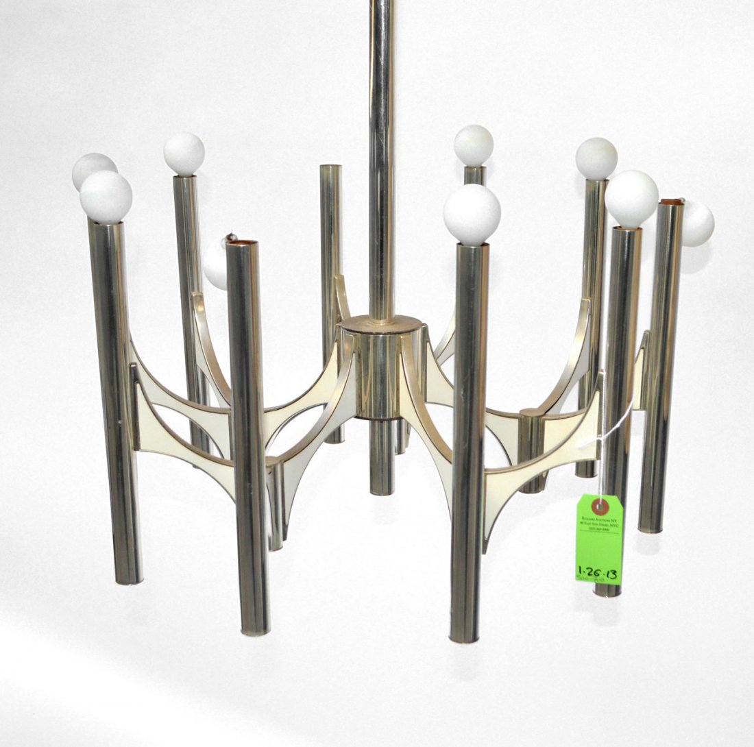 Modern Chrome Ten-Light Fixture: Modern chrome ten-light fixture. 25 1/2"H x 21 1/4" Dia.