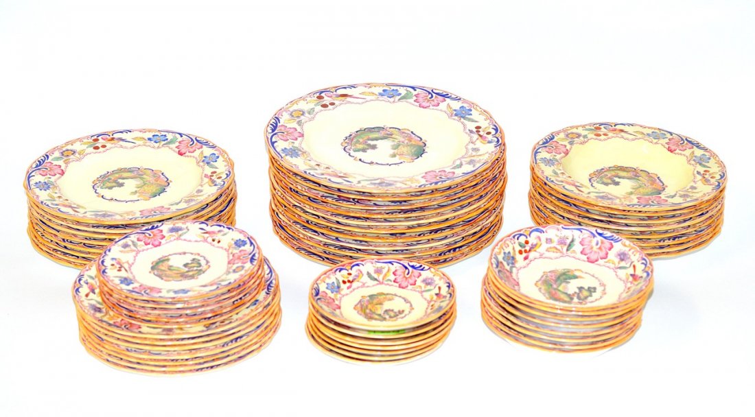 Fifty Piece Copeland Spode Service: Stamped "Spode's Gobelin" on bottom. Partial pattern set. Worn with age; cracks and chips. .