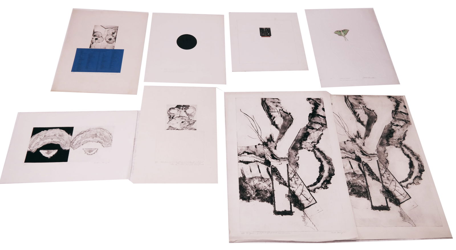 Group of 8 Original Signed Works on Paper: A group of eight original works on paper, comprising: three abstract expressionist black and white artist's proof prints by Nicholas Howey (American, b. 1948), including two pencil signed, dated, and