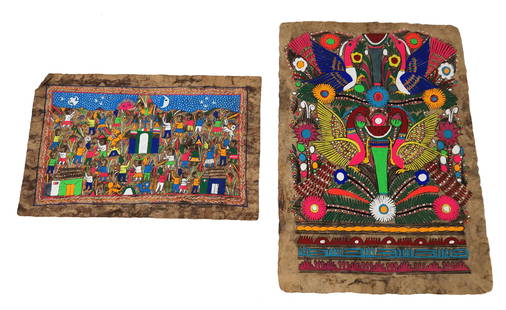 2 Latin American Folk Art Amate Bark Paintings