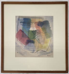 John FERREN: Original Signed Watercolor: John Ferren (American, 1905-1970) colorful modernist watercolor, signed lower right "Ferren". Bearing Sachs Gallery label to verso, "Untitled" (1934). Nicely framed and matted under glass. [Art: 10.25