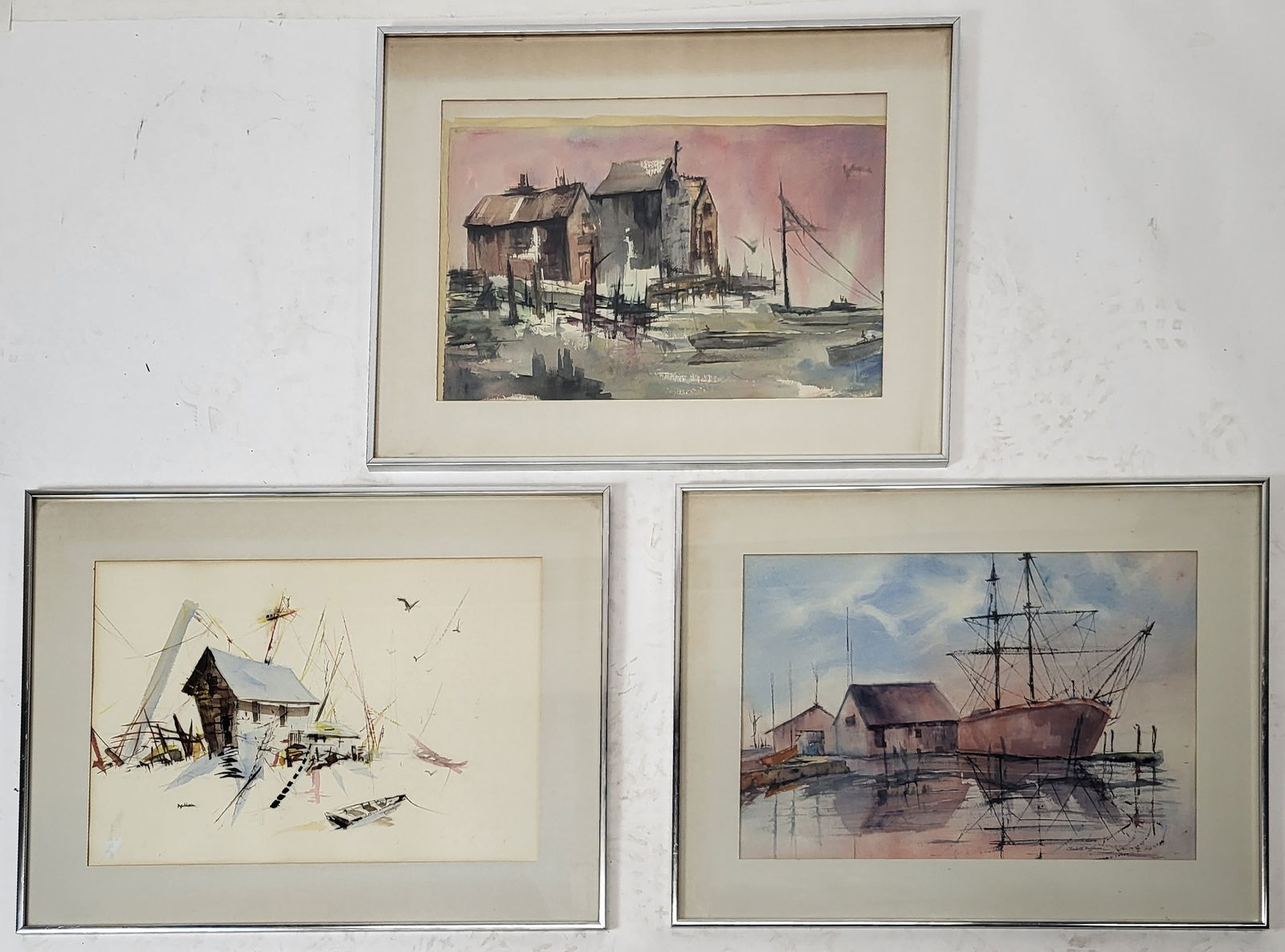 Charlotte HOFFMAN: Three Framed Watercolors: Charlotte Hoffman (American, 20th C.) a group of three watercolors each depicting different coastal port scenes with ships and buildings. One signed lower right. All framed and matted under glass. [Ea
