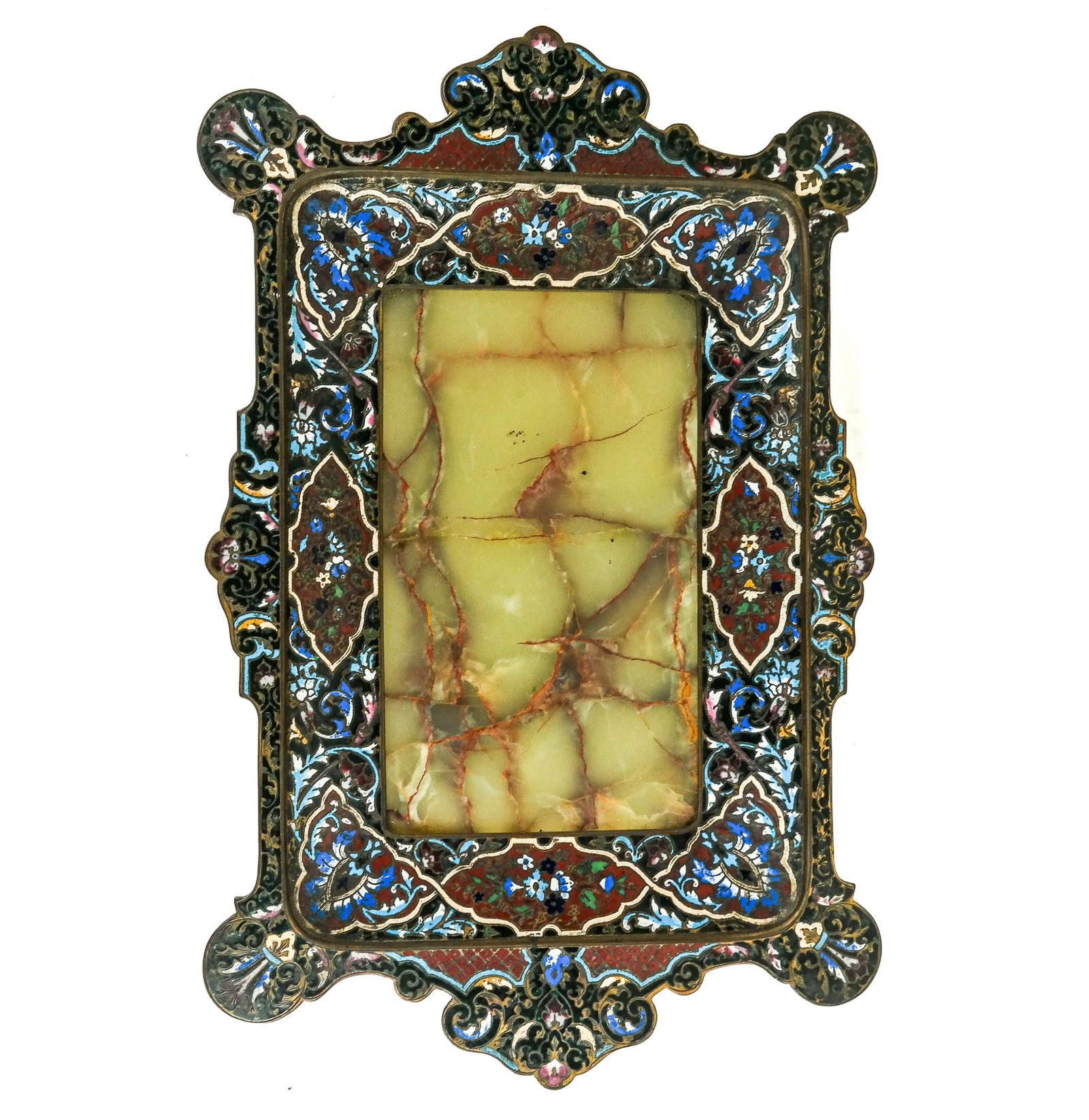 Antique Cloisonne and Onyx Vanity Tray: Antique cloisonne and green onyx vanity tray, possibly French, 19th century, Levantine-style, the shaped cloisonne border defined by scrolls of white, turquoise, blue, pink and red enamel foliate scro