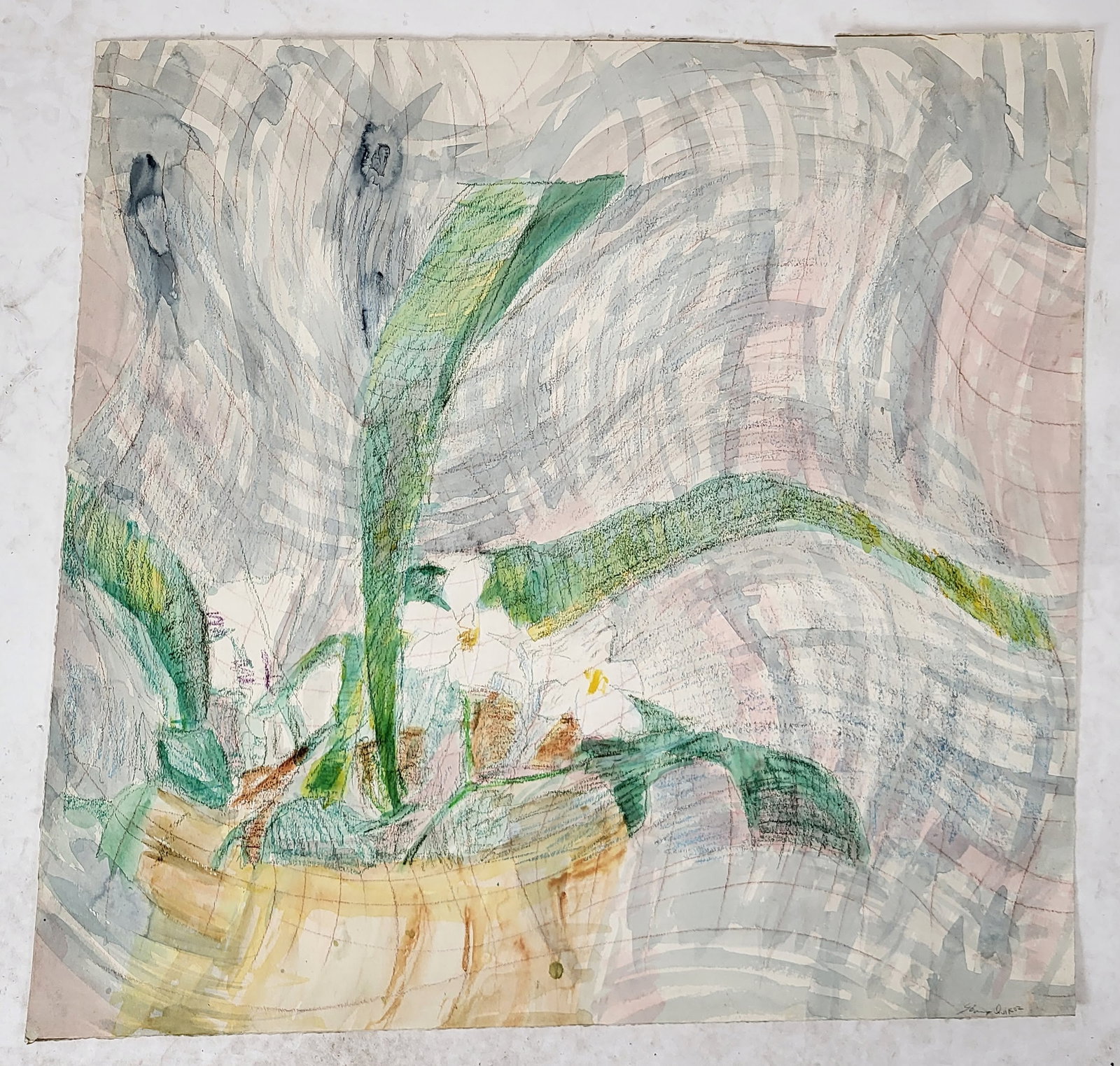Juan GOMEZ-QUIROZ: Still Life - W/C & Pencil: Juan Gomez-Quiroz (Chilean, 1939-2021) watercolor and colored pencil drawing depicting a still life with flowers. Signed lower right. [Sheet: 29" H x 30" W]. In overall good condition.