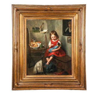 Child With Doll - Oil on Canvas Painting