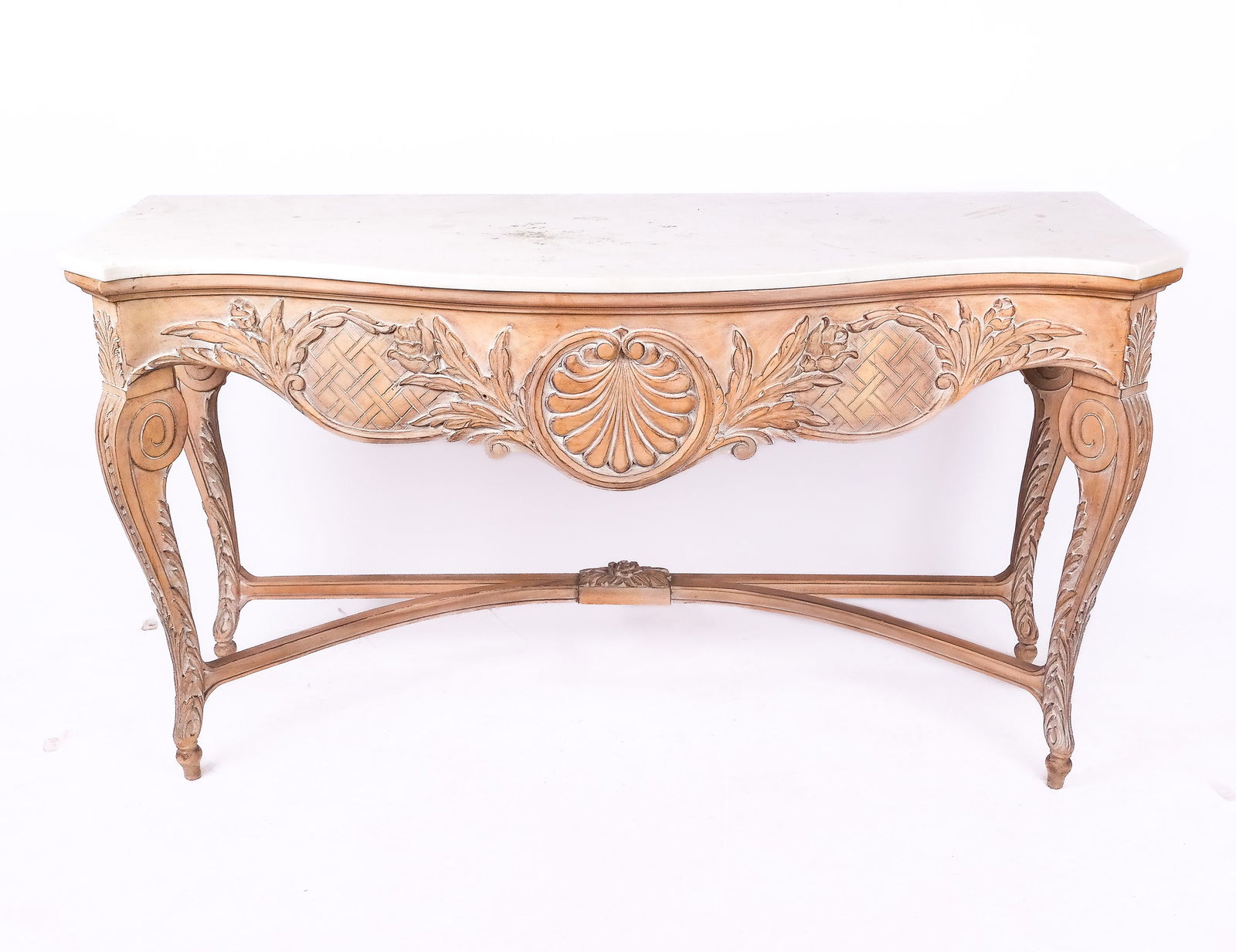 Marble Top Carved and Pickled Wood Entrance Table (1 of 11)