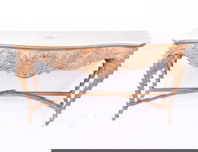 Marble Top Carved and Pickled Wood Entrance Table