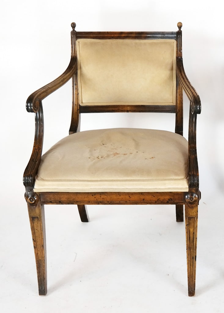 Empire Armchair: Empire upholstered armchair [34" H x 23 1/4" W x 24 1/2" D]. With worn upholstery.