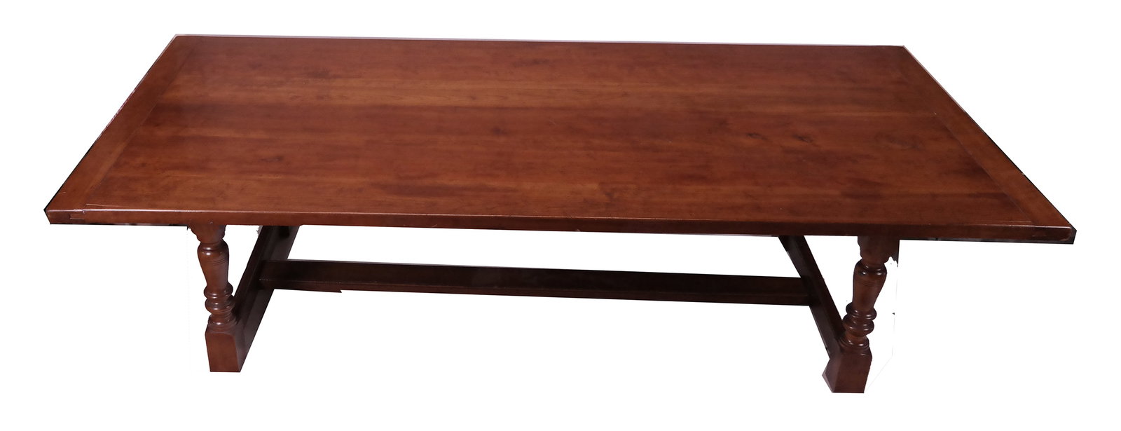 Maple Trestle Dining Table: Maple trestle dining table, with baluster form supports [30" H x 104" L x 50" W] Overall condition is good, with cracks and wear commensurate with age.