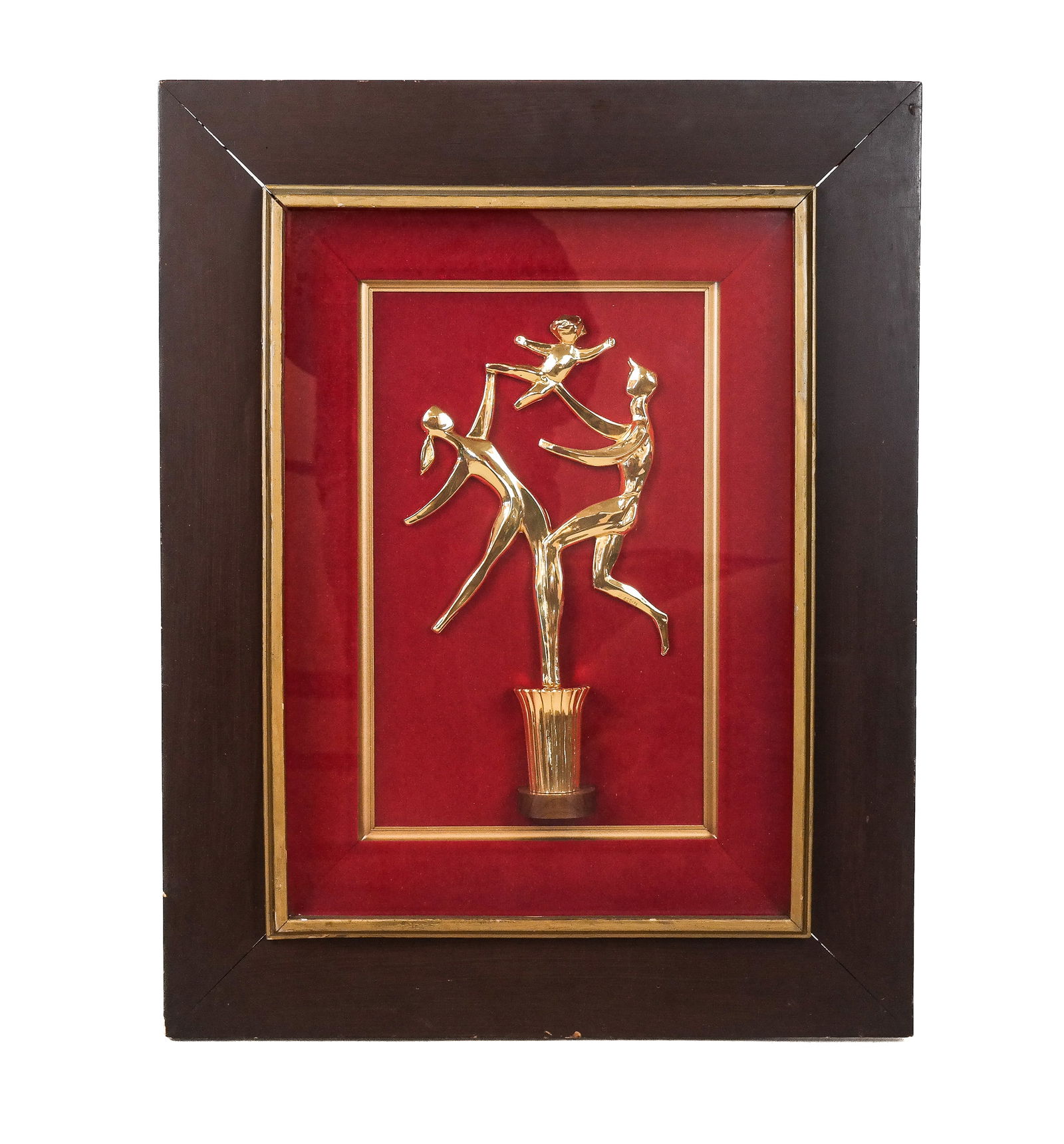 Robert RUSSIN: Family - Sculpture: Robert Russin (American, 1914-2017) vintage framed wall sculpture of dancers and a baby, circa 1960, titled "Spirit of Life 1960", signed "Russin" on right leg. [Sculpture: 15" H x 7.5" W; Frame: 30"