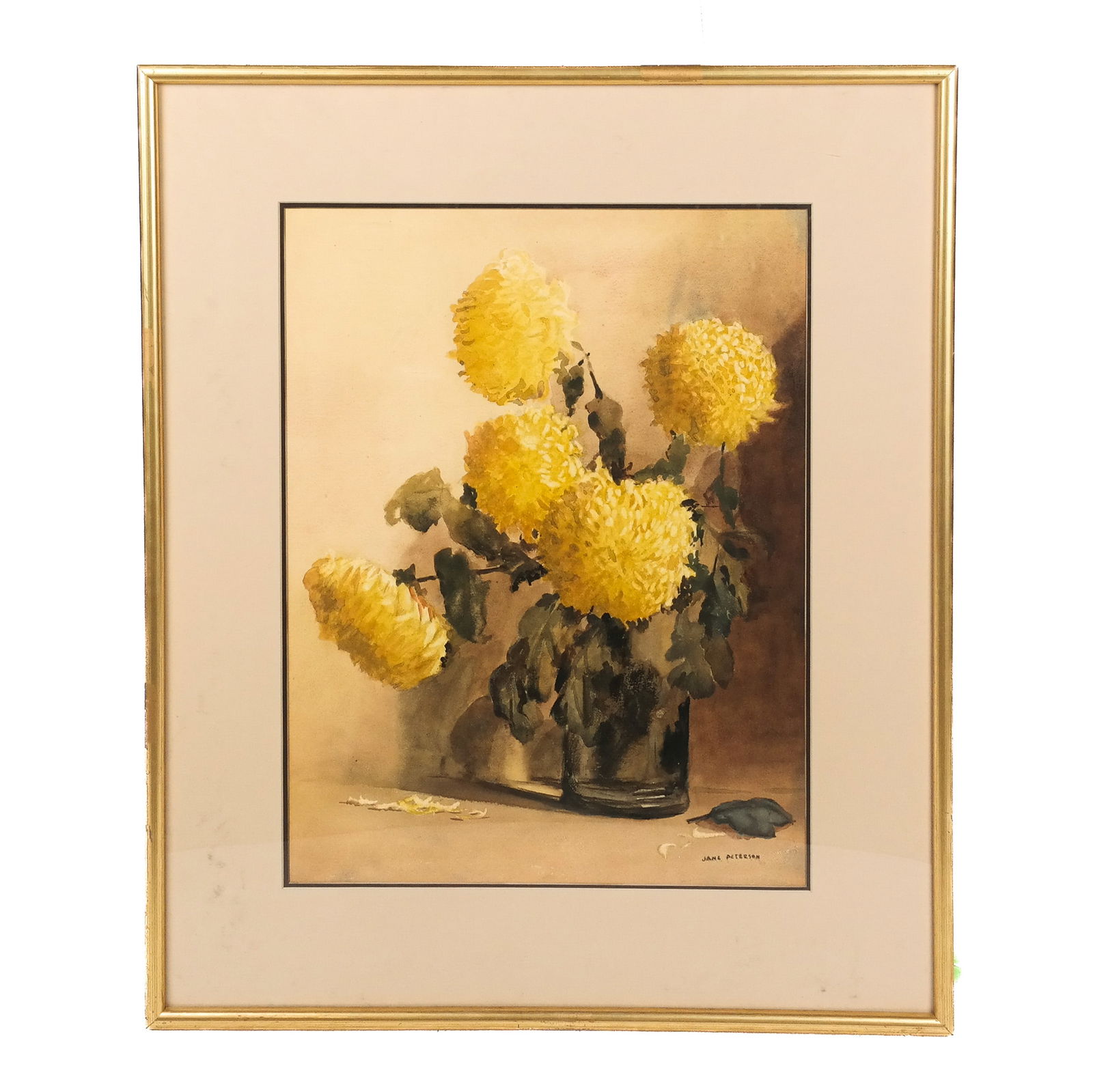 Attrib. to Jane PETERSON: Yellow Flowers, Painting: Watercolor still life of yellow chrysanthemums in a vase, attributed to Jane Peterson (American, 1876-1965), framed under glass. [Art: 21" H x 16" W; Frame: 31" H x 25.5" W]. In good condition.