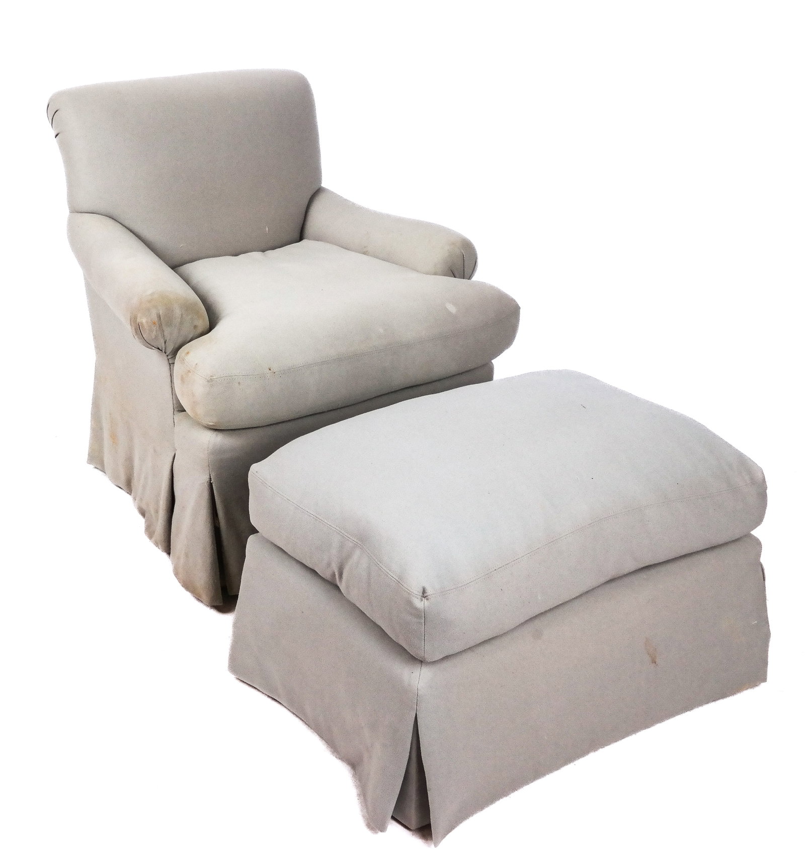 Contemporary Club Chair and Ottoman: Pale green upholstered club chair and ottoman. [32.5" H x 32" W x 29" D; 20" H to seat]. Heavily soiled. Condition reports and requests for additional photos cannot be accepted on this lot; please bid
