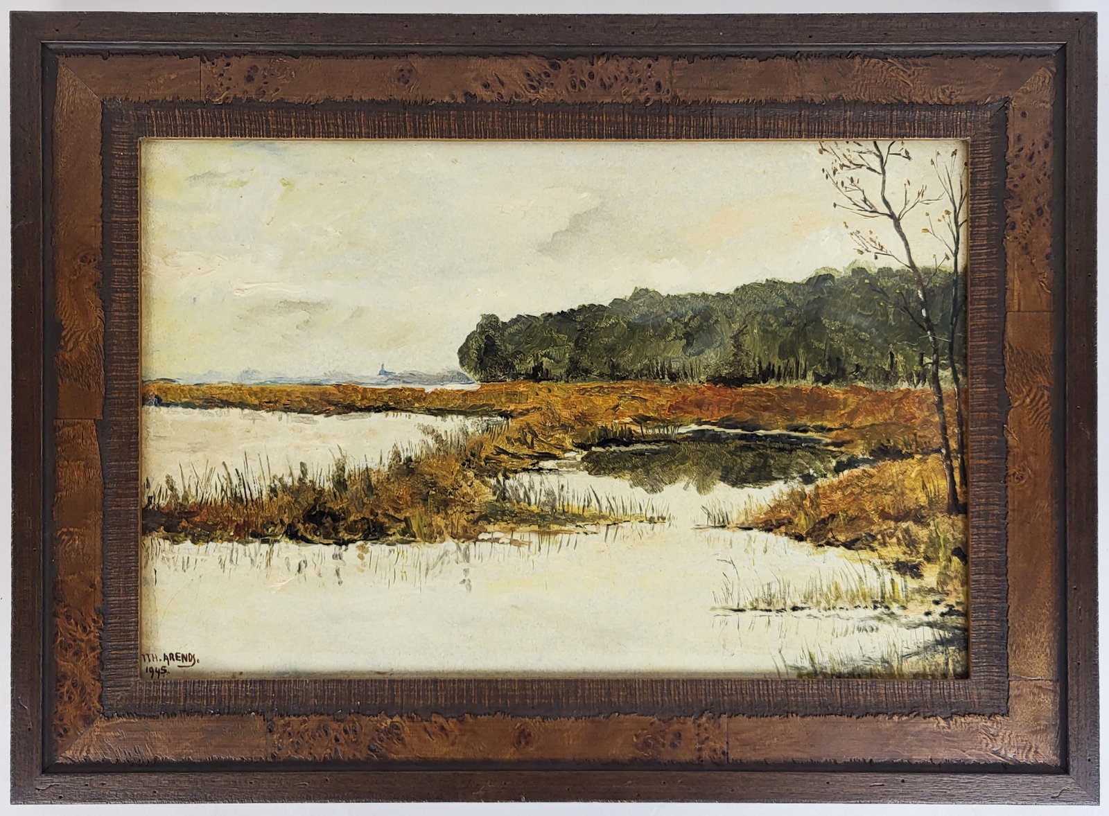 T. ARENDS: Marsh Scene - Painting: Framed painting on panel of a marsh scene, signed lower left and dated 1945. [Art: 12" H x 18" W; Frame: 17.5" H x 24" W]. In good condition. Condition reports and requests for additional photos canno