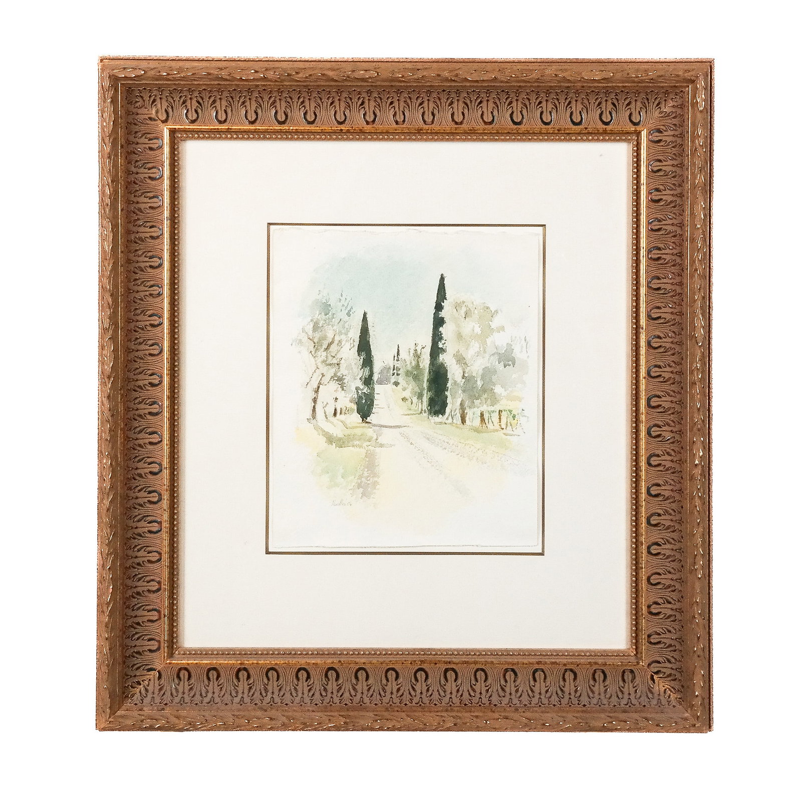 Signed "NOODLES" - Rural Scene - Watercolor: Watercolor painting on paper of a rural street scene with tall pines, signed lower left, dated '04. [Art: 9" H x 8" W; Frame: 20" H x 18" W]. Condition reports and requests for additional photos canno