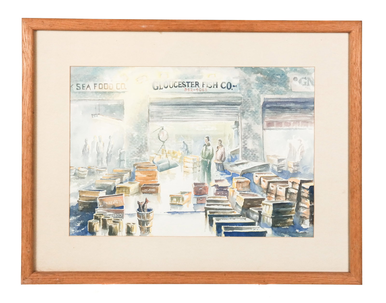Naima RAUAM: Fulton Fish Market - Watercolor: Naima Rauam (German, b. 1946) watercolor on paper depicting the Fulton Fish Market, New York City, signed lower right in pencil. [Art: 14" H x 20" W; Frame: 21.5" H x 27.5" W].