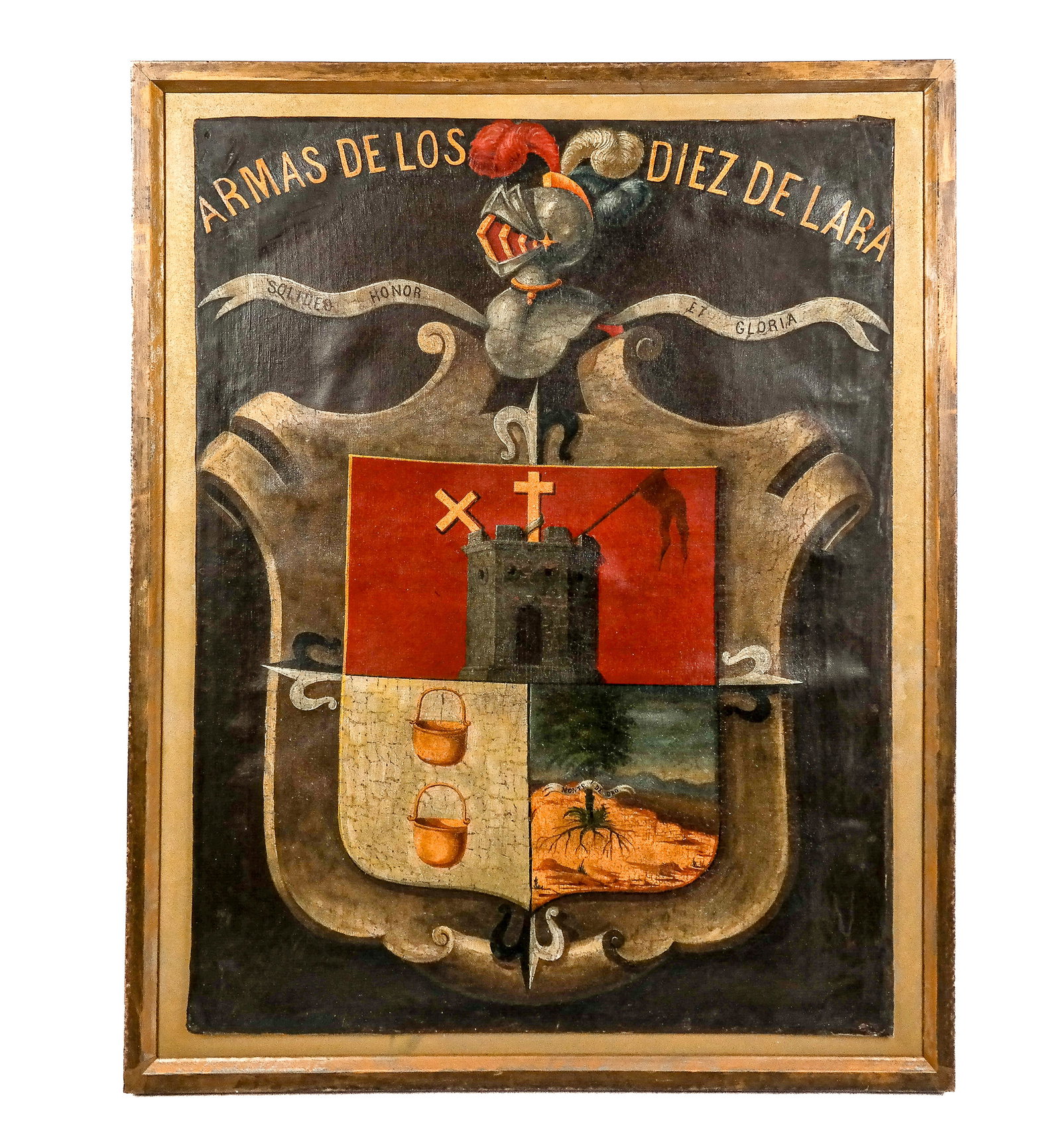 Spanish Coat of Arms, Framed: Framed oil on canvas, laid down on panel "Arms De Los Diez De Lara" - "Solideo Honor Et Gloria." [Art: 32 x 24 inches; Frame: 26 x 28.5 inches]. In overall good condition.
