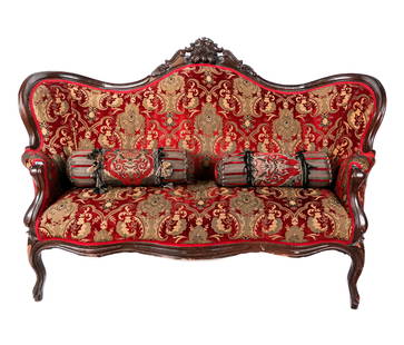 Carved Wood and Damask Victorian Settee