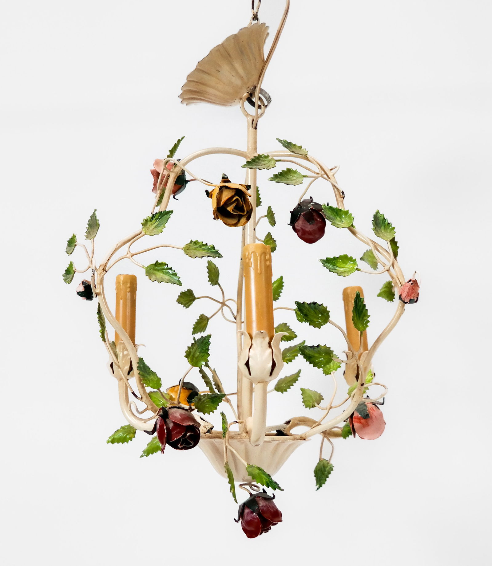 Decorated Tole and Metal Chandelier: Tole and metal chandelier with floral decoration. [16" H x 13" diameter]. Condition reports and requests for additional photos cannot be accepted on this lot; please bid accordingly. This is not an in