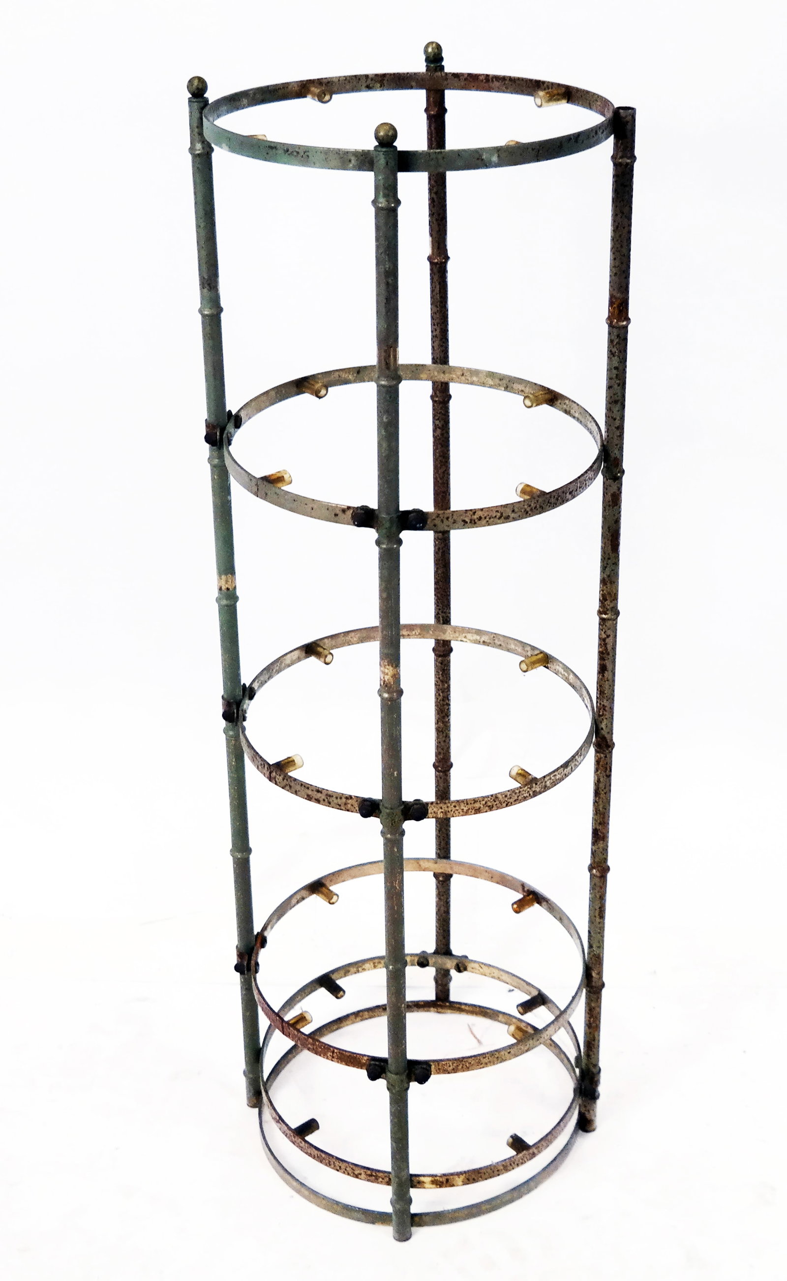 Stier Metal Muffin Stand: Stier faux bamboo metal muffin stand. [31" H x 10" diameter]. Pitted finish. Condition reports and requests for additional photos cannot be accepted on this lot; please bid accordingly. This is not an