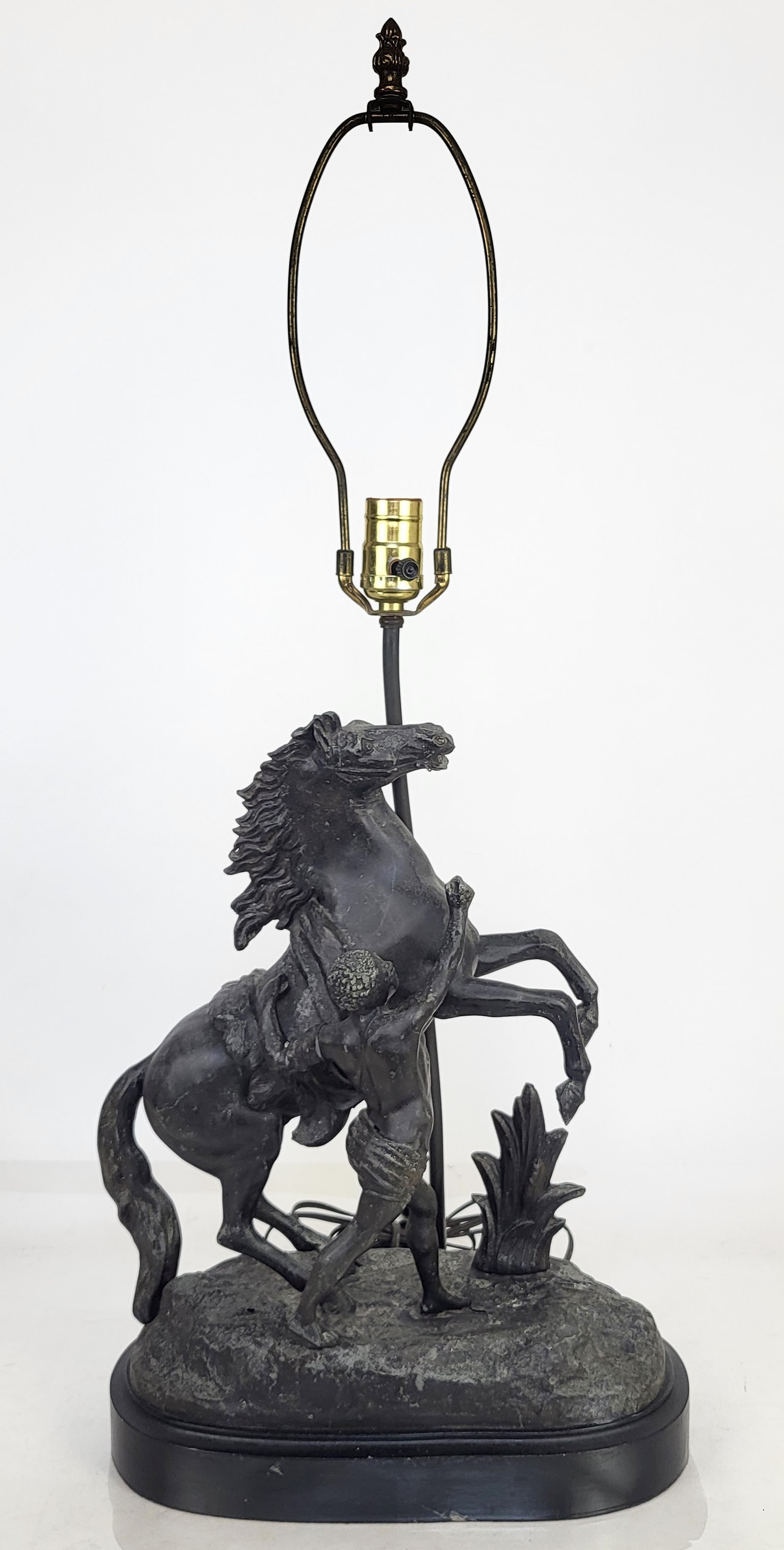 Marley Horse Group Mounted As A Lamp: White metal (spelter) group mounted on a wood base lamp. [Group: 16" H x 13" W x 6" D; Overall: 31" H x 14" W x 8" D]. Condition reports and requests for additional photos cannot be accepted on this l