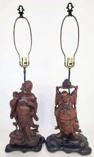 Pair Of Chinese Carved Hotai Figures As Lamps
