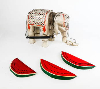 Carved & Painted Wood Puppet & Watermelon Slices