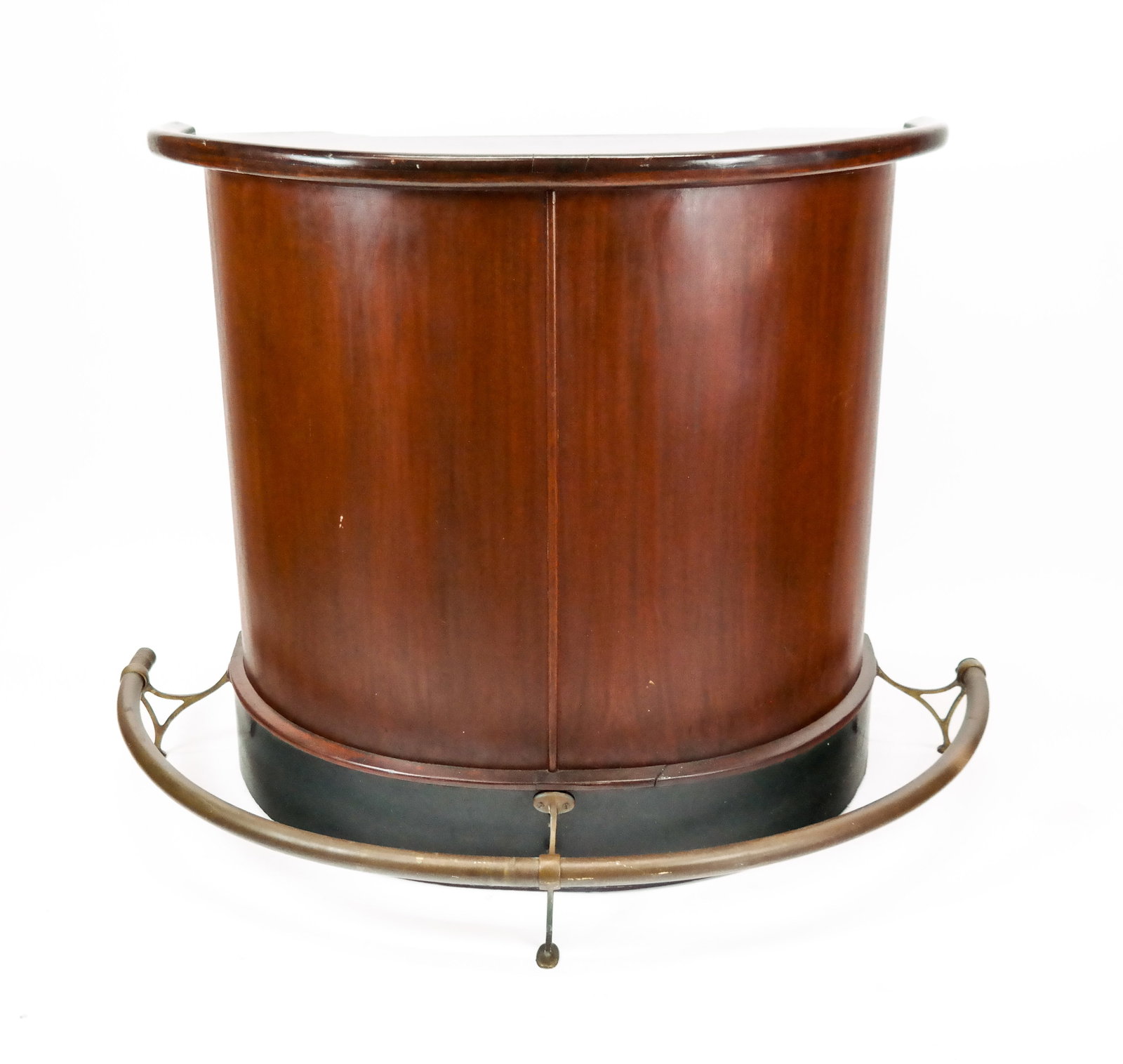 Walnut Demilune Bar with Brass Rail: Walnut demilune bar, 20th century, with brass rail and cabinet to rear, comes with key. [42" H x 65" W x 32" D] Overall condition is good, with tarnished brass rail, loss to endcap on one side of bras