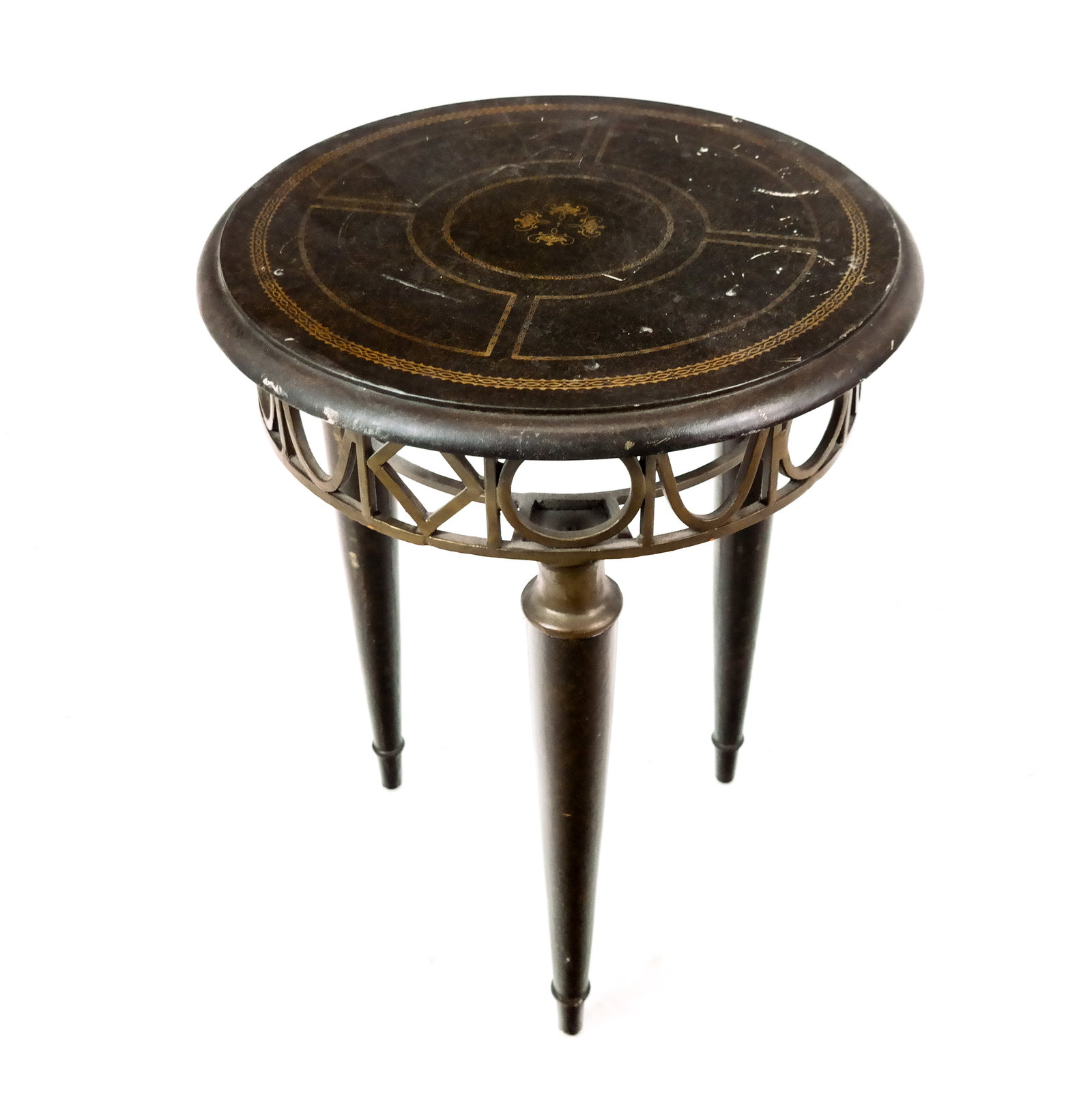 Brass and Lacquered Wood Side Table: Enameled brass and lacquer wood side table, 20th century, with decoration to top, stands on tapered metal legs. [26" H x 20" D] Fair condition, with wear to top and to legs.