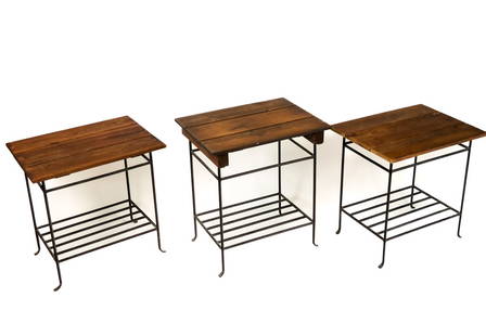 Three Wrought Iron and Wood Outdoor Tables