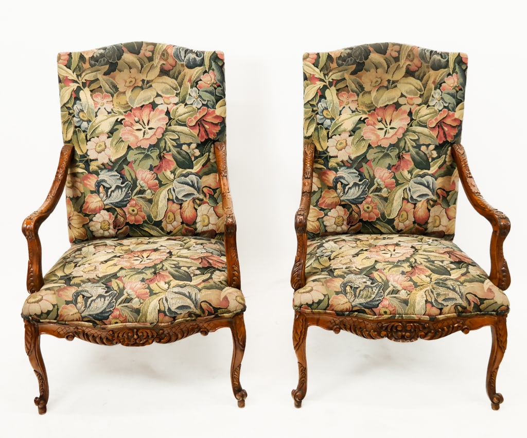 Two Provincial Carved Wood Upholstered Chairs (1 of 8)
