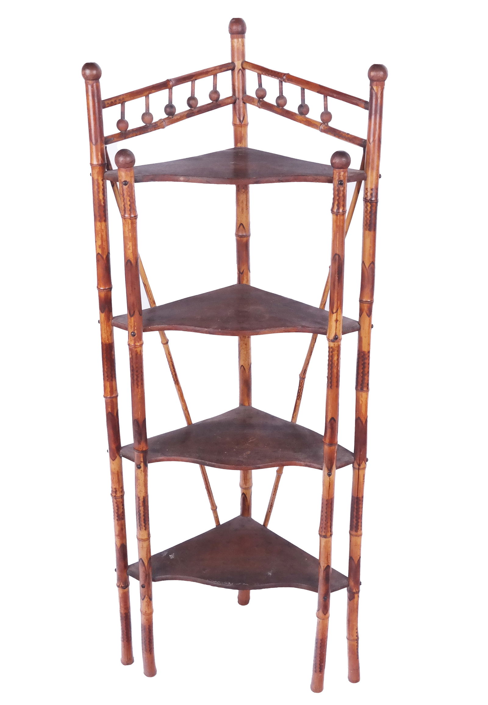 Victorian Four-Tier Bamboo Etagere: Late 19th century English bamboo corner etagere, with a top spindle gallery. [52 3/4" H x 15" D x 20" W]. Worn, missing one spindle to top.