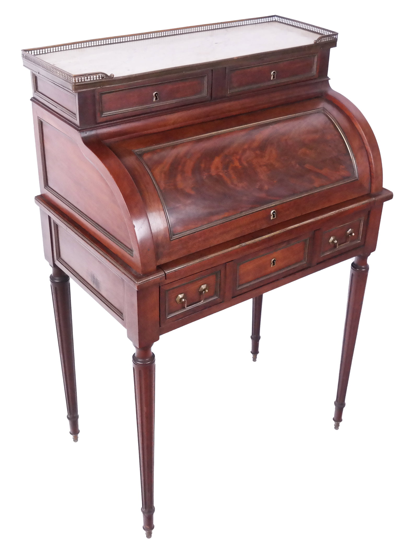 Louis XVI Mahogany Diminutive Bureau à Cylindre: Louis XVI mahogany and marble top diminutive bureau a cylindre / writing desk, late 19/early 20th century, with gallery top, inset leather writing surface [40" H x 26.5" W x 16.5" D]. Overall conditio