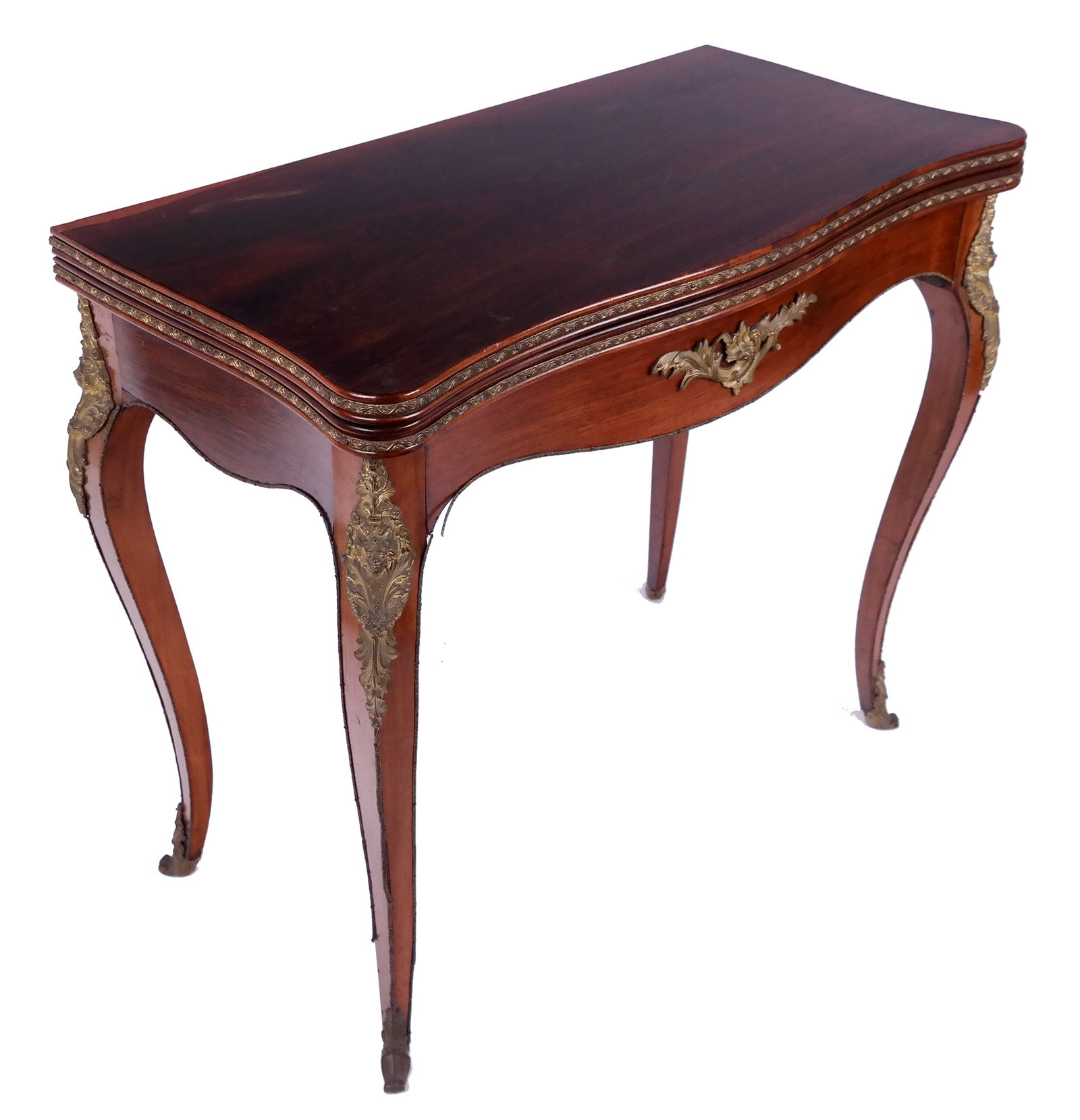 Louis XV Satinwood and Mahogany Games Table: Louis XV satinwood and mahogany fold-over games table, early 20th century, with baize top and pullout legs [Open: 28" H x 34" Square, closed: 17" D] Overall condition is fair wear, looses to gilding a
