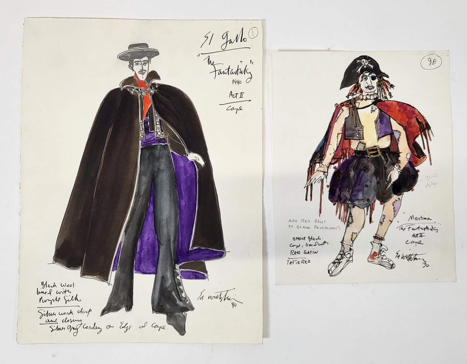 Ed WITTSTEIN: Pair of Watercolor Costume Designs: Edwin Wittstein (American, 1962-1969) pair of unframed original watercolor costume designs for the play "The Fantasticks" depicting the characters El Gallo and Mortimer, with design notations surround