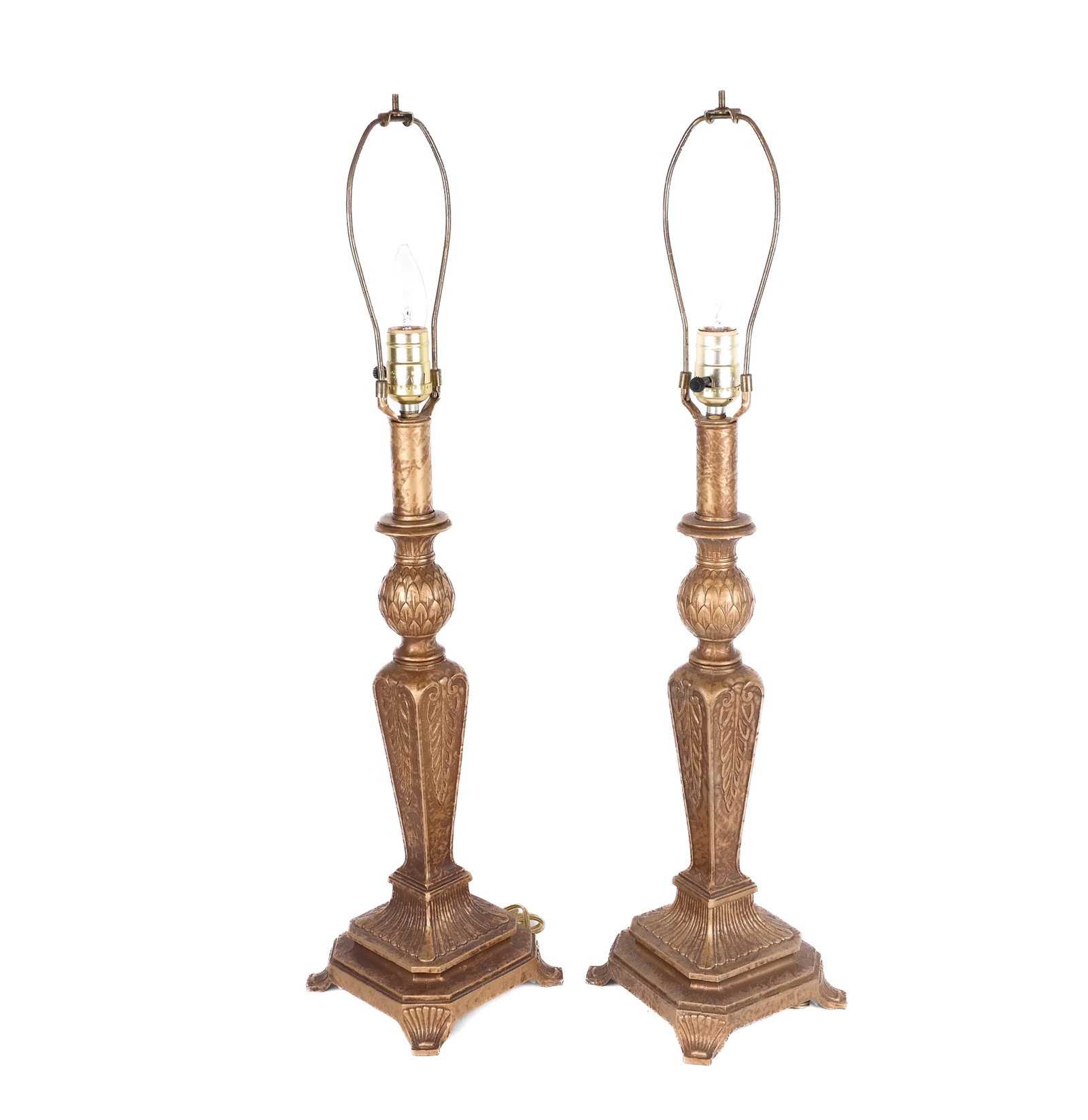 Pair of Italian Neoclassical Gilt Metal Lamps: Pair or Italian neoclassical gilt metal lamps with acanthus decoration. [19.75" H x 6.5" square]. Shades and finials deficient. Property from an Old Westbury Long Island Private collection. Condition 