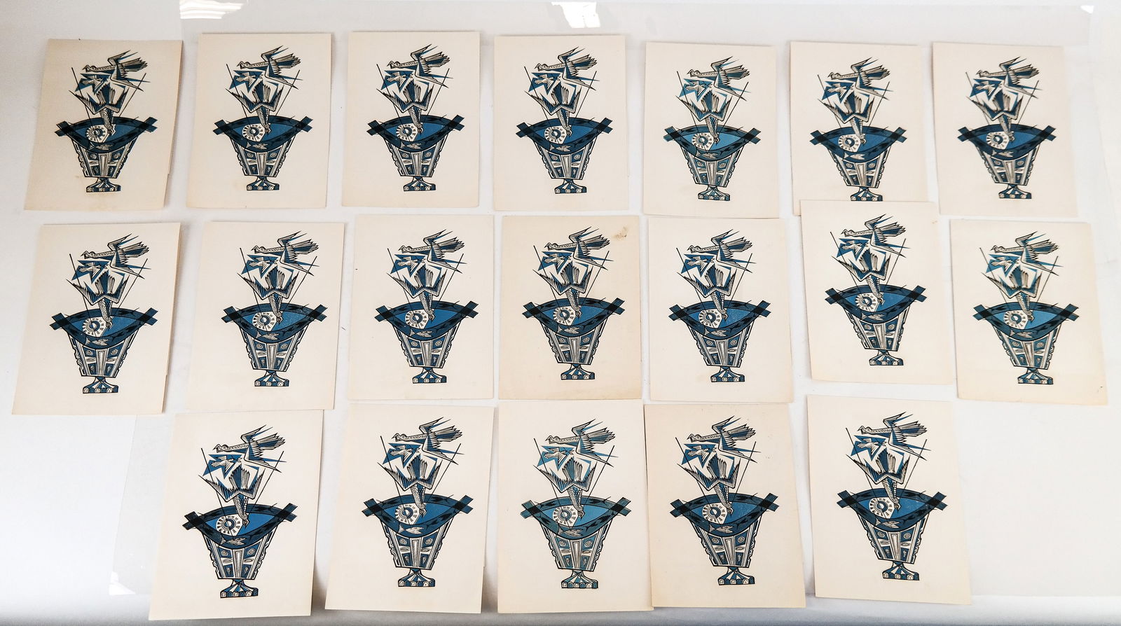 Hans JELINEK: Group of 50+ Color Woodcuts: Hans Jelinek (Austrian/American, 1910-1992), 50+ woodcuts in two or three colors including "Chalice" and others in similar colors and compositions, several are pencil signed at lower margin. Provenanc