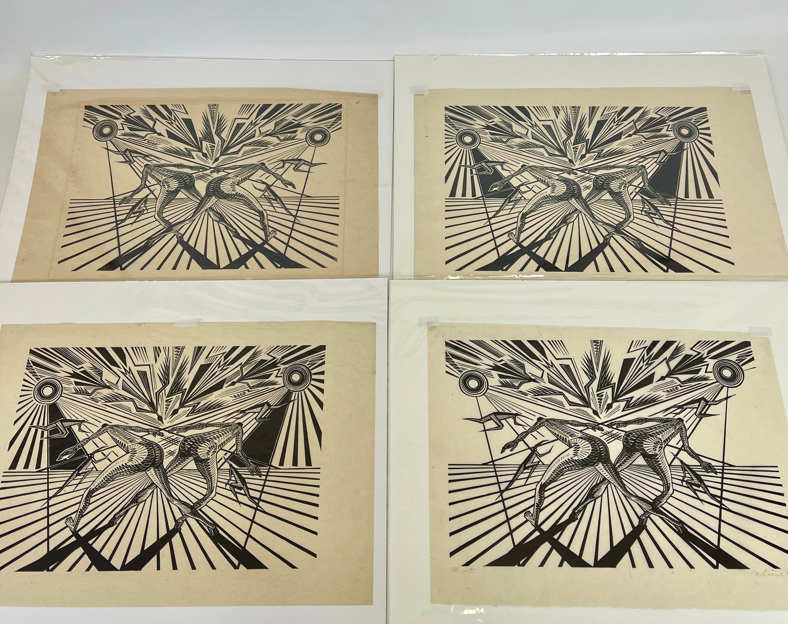 Hans JELINEK: "Flight" - 4 Woodcuts, 20th C.: Hans Jelinek (Austrian/American, 1910-1992), "Flight" 4 unframed woodcuts depicting stylized / abstracted figures in motion, one is titled and pencil signed at lower margin. [Art: 9.5" H x 14.5" W, Sh