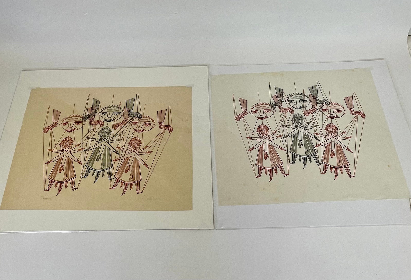 Hans JELINEK: "Puppets" - 2 Color Woodcuts, 20th C: Hans Jelinek (Austrian/American, 1910-1992), "Puppets" unframed woodcuts in two colors (red & black) depicting an abstracted rendering of twirling puppets, one is titled and signed in pencil lower rig