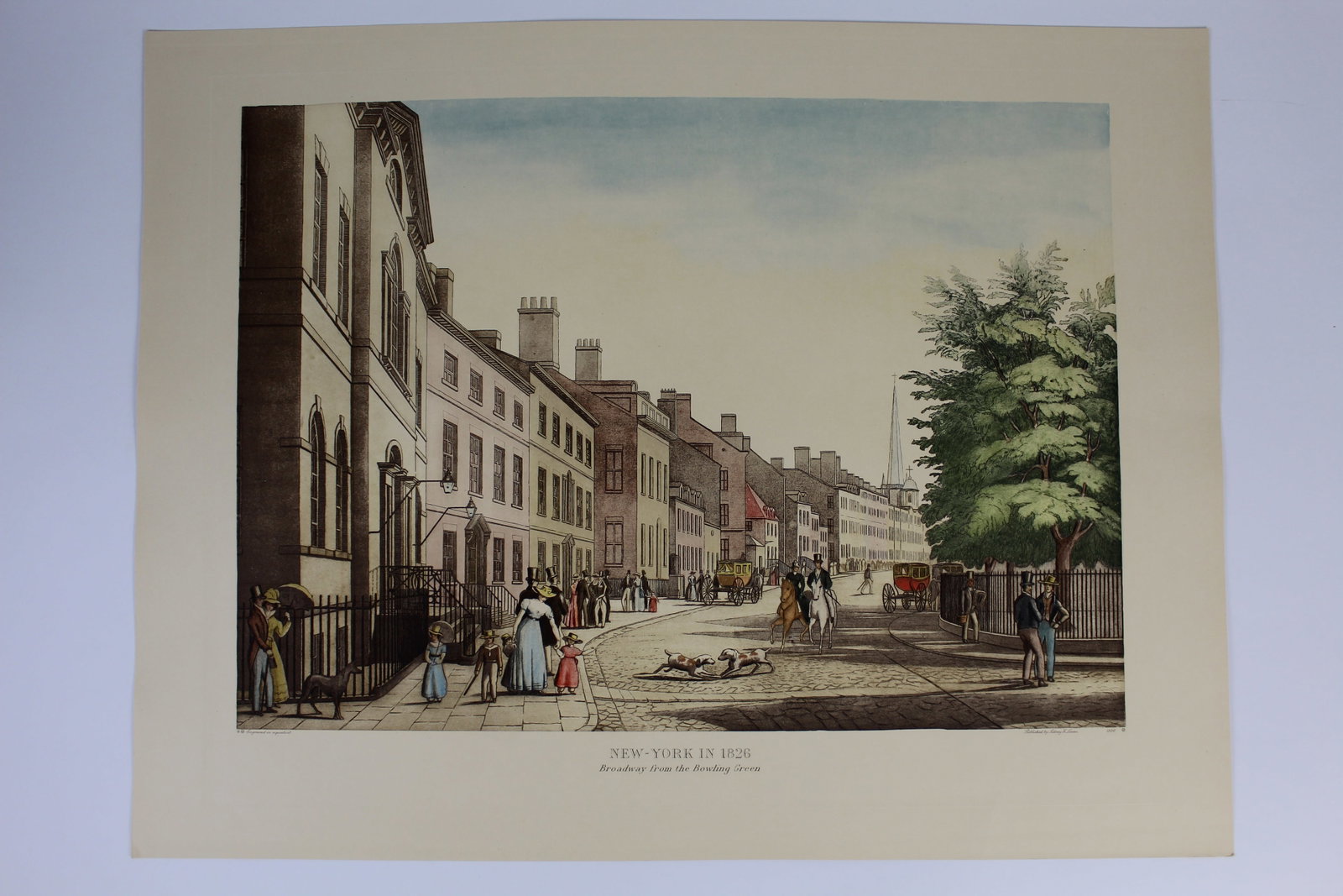 Louis AUGIER: NY in 1826 - 300+ Engravings: A large collection of approximately 300 color aquatint engravings after Louis Augier (French, b. 1825) titled "New-York in 1826 - Broadway from the Bowling Green". Depicts historical New York City sce