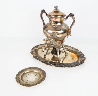 Silver Plate Kettle On Tray With Dish