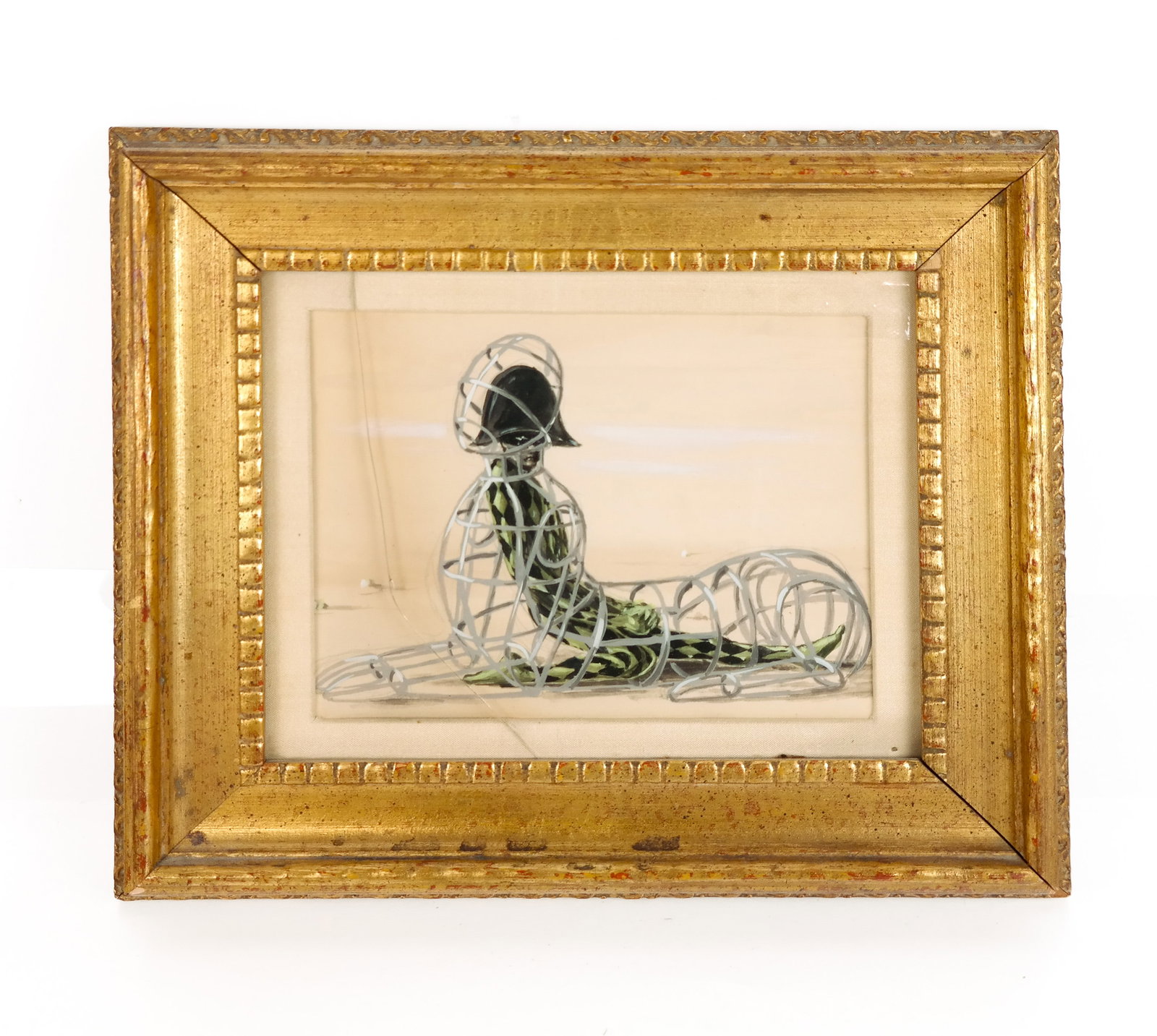 Framed Abstract Sphinx - Watercolor Painting: Framed abstract watercolor painting depicting a man wearing a helmet in a sphinx design, unsigned. [Art: 5" H x 6.25" W; Frame: 9.5" H x 11.5" W]. Condition reports and requests for additional photos 
