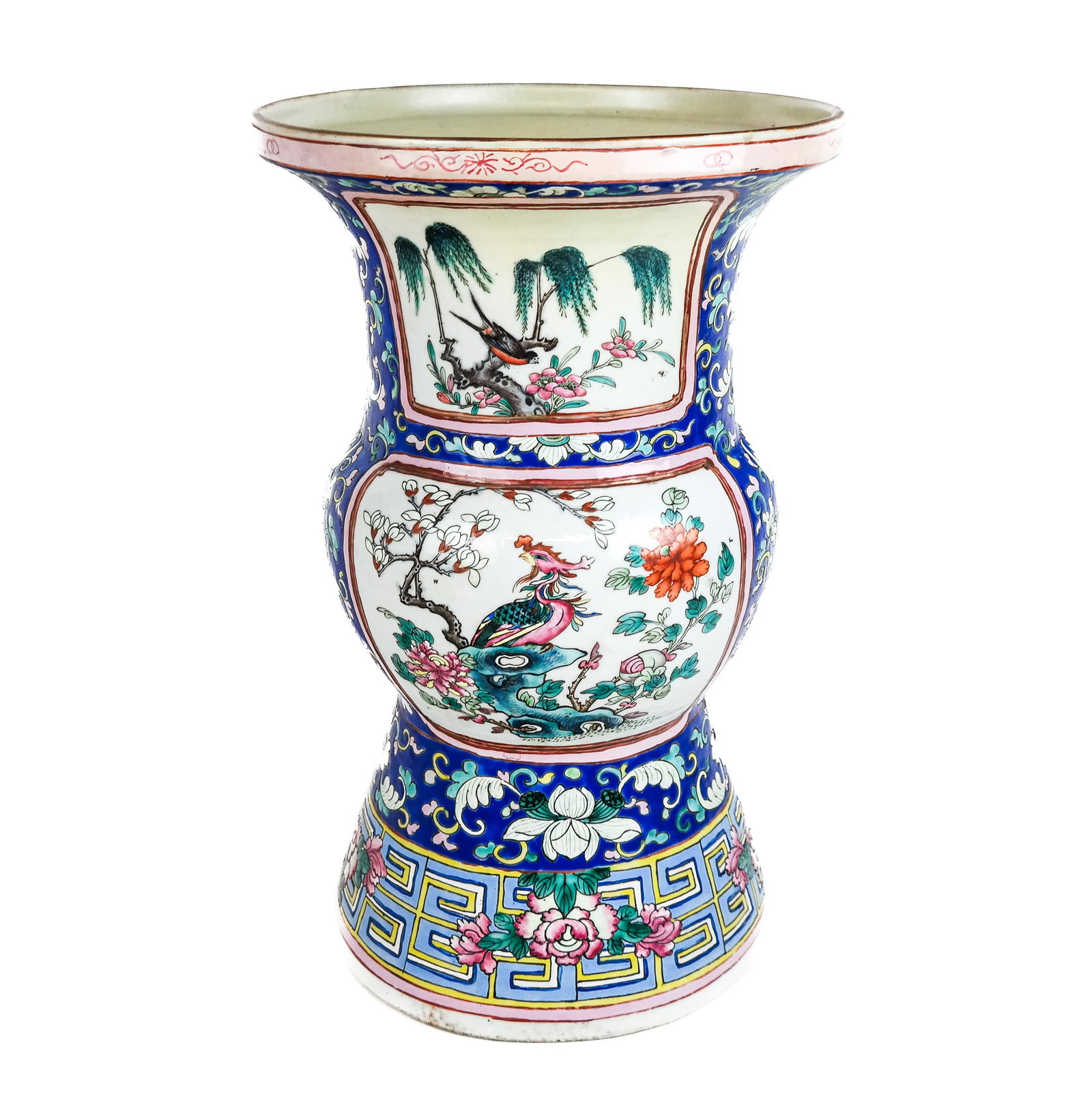 Chinese Famille Rose Vase: Chinese Famille Rose vase on an attached foot, 20th century, with landscape cartouches featuring blackbirds, pheasants, and a phoenix and a polychrome design featuring scrolling foliates and bat form 