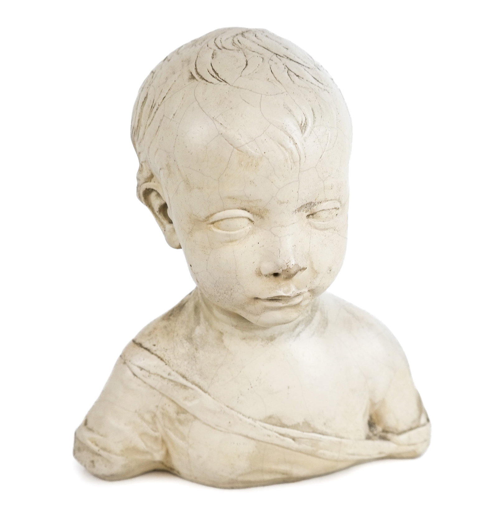 After Settignano "A Little Boy": A plaster sculpture made after Desiderio Settignano's "A Little Boy" from the National Gallery of Art. [12" H x 9" W x 4.5" D]. Overall fair condition with a break through the neck.