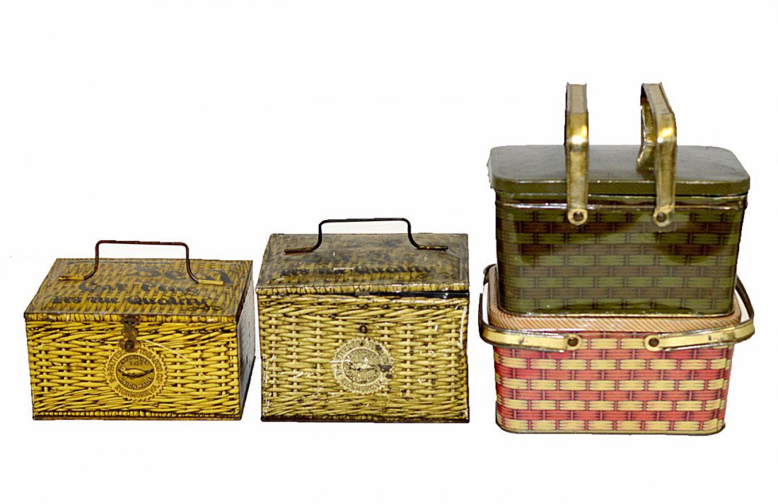Four Lunch Pail-Type Tobacco Tins - Faux Wicker: Comprises: 1. Green U.S. Marine cut plug with hinged lid and paired bale swing handles [7 1/4"W x 5"D x 4"H]. 2. creme and pink Dixie Queen plug cut with hinged lid and paired bale swing handles [7 1/