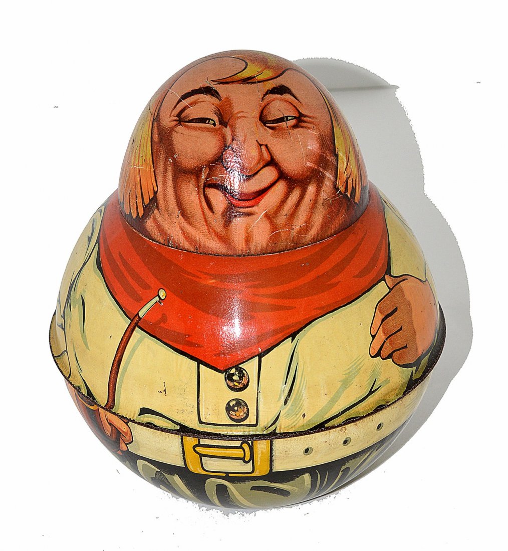 Mayo's "Dutchman" Roly-Poly Tin: Two- piece tobacco tin. Features clear lines and color definition. Bears minor scuffs and scratches, otherwise in good condition. 7" High.