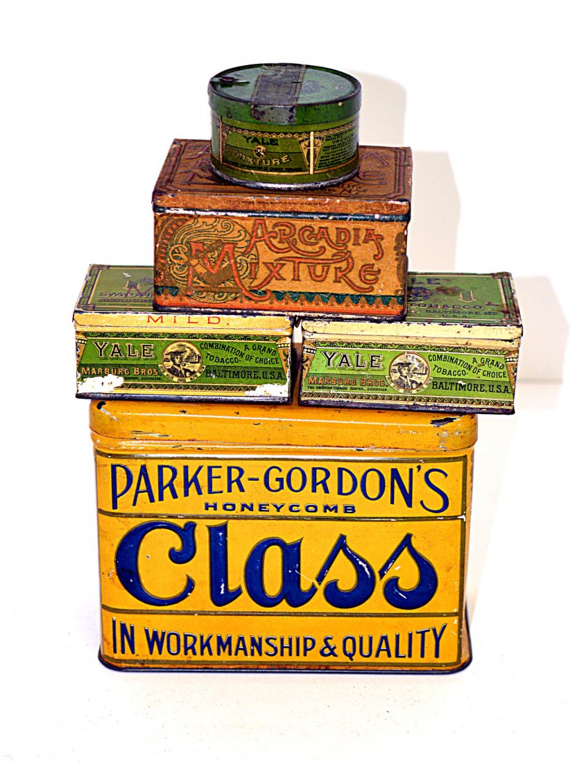 Arcadia, Class, and Yale Tobacco Tins: Comprises: 1.) Arcadia mixture tin with stamp embossed lid. Soiling, scratches, and scuffs, as is. 4 1/2" W x 3 3/8" D x 2 1/4" H. 2.) Parker-Gordon's Honeycomb Class tin with stamped embossed front. 