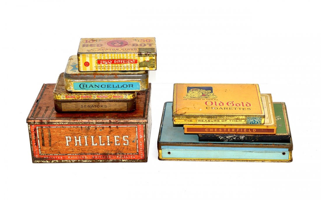 Eight Assorted Cigar and Cigarette Tins: Comprises: 1.) La Palina. 5 1/8" W x 3 5/8" D x 1 3/8" H. 2.) Chancellor. 5 1/8" W x 3 1/2" D x 1 1/4" H. 3.) Red Dot. 4 3/4" W x 3" D x 1 1/4" H. 4.) Omar Cigarettes. 8 1/2" W xd 6" x 1 1/4" H. 5.) B