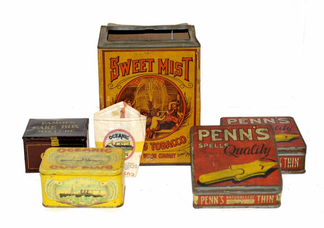 Six Tobacco Tins, Box, and Pouch: Comprises four tins including: 2 Penn's Thin Natural Leaf tobacco [each 6 1/2" sq x 2 1/2" H], Famous Cake box mixture [5 1/8" x 4" x 3 1/4"] and Oceanic cut plug [6 1/8" x 3 1/8" x 3 3/4"]. Accompani